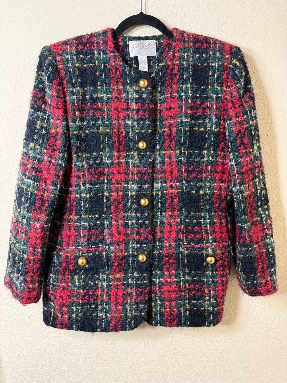 Vtg 90s JB Collectibles Plaid Holiday Blazer Gold Button Red Dark Academia